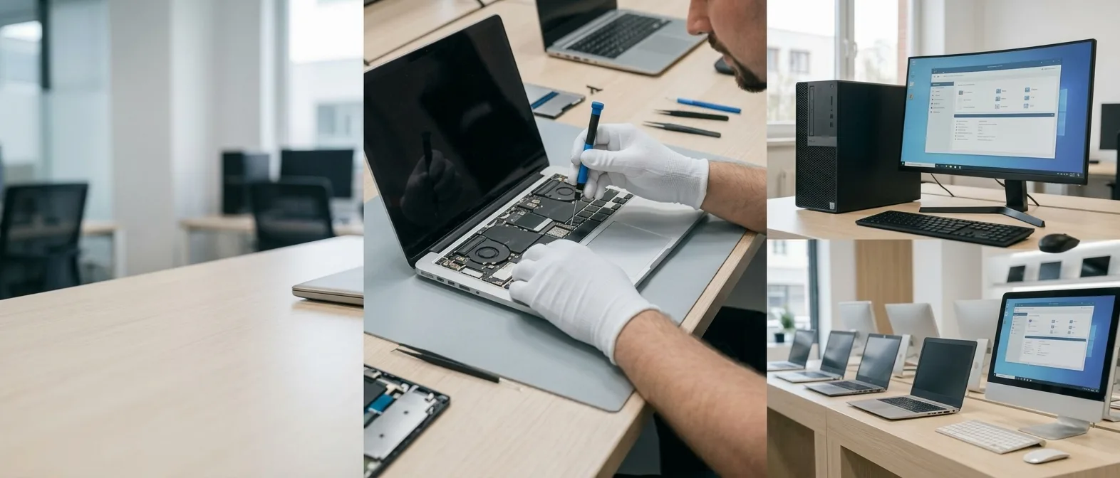 Oprava notebooku, stolní počítač s monitorem a notebooky v prodejně